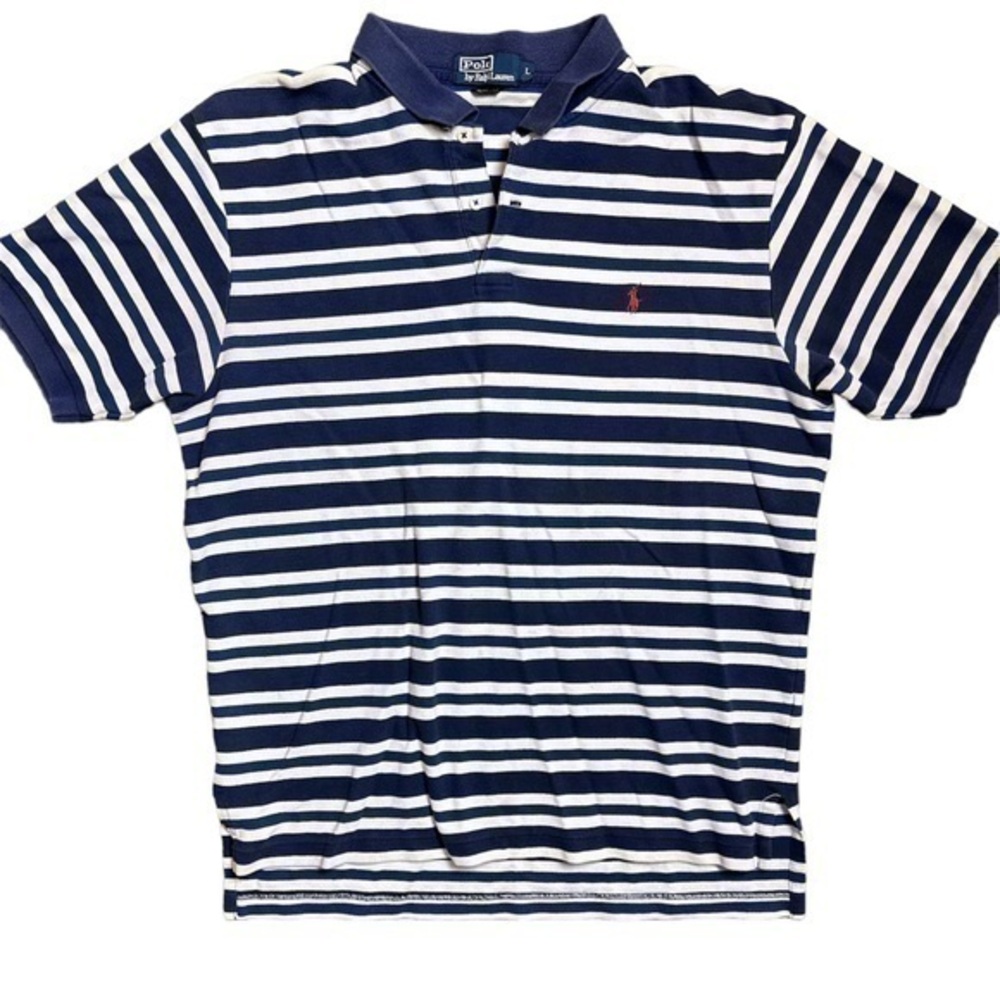 Vintage 90’s Men’s Ralph Lauren Navy Striped Polo Short Sleeve Shirt Size L